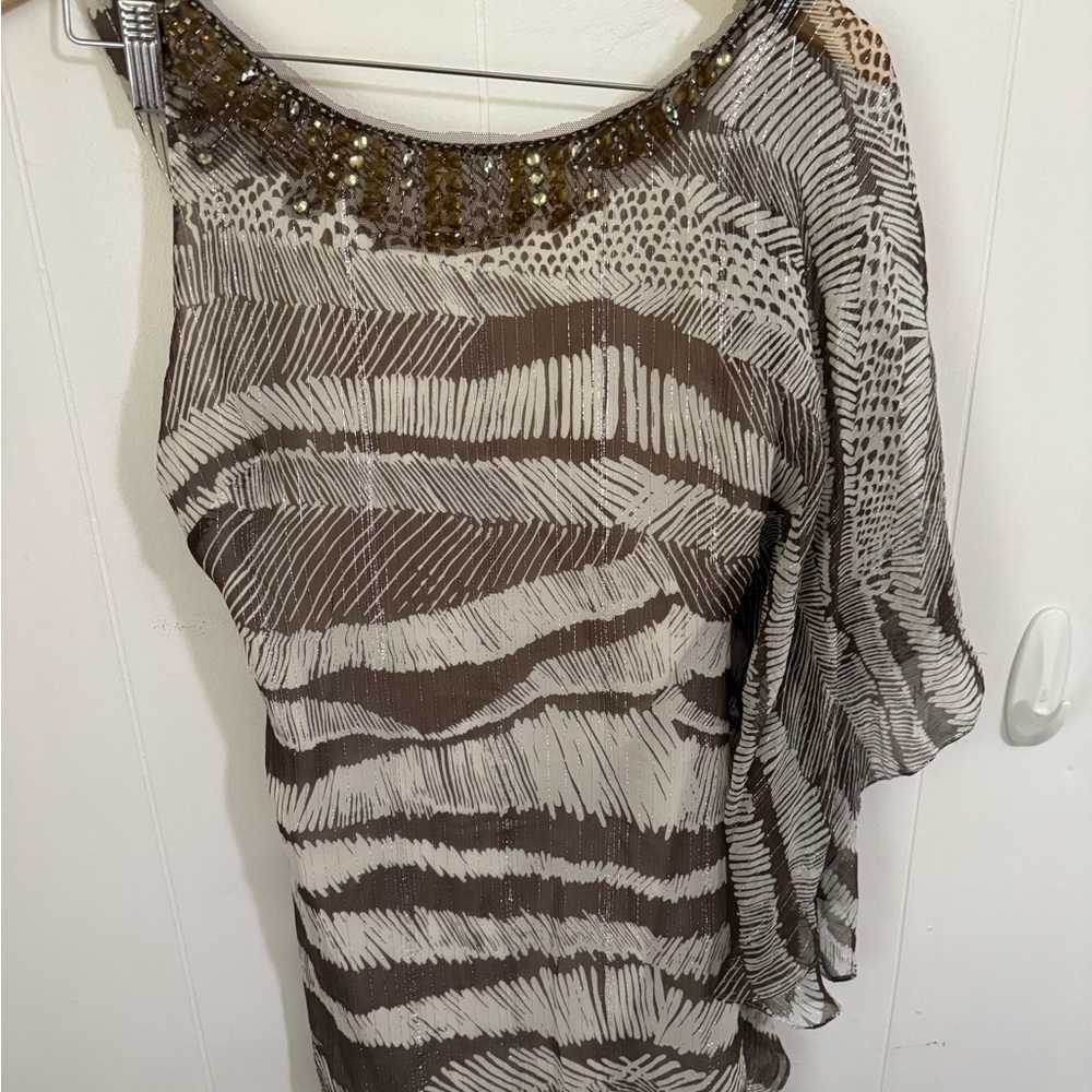 BCBGMaxAzria Brown and Cream Beaded One-Shoulder Tunic